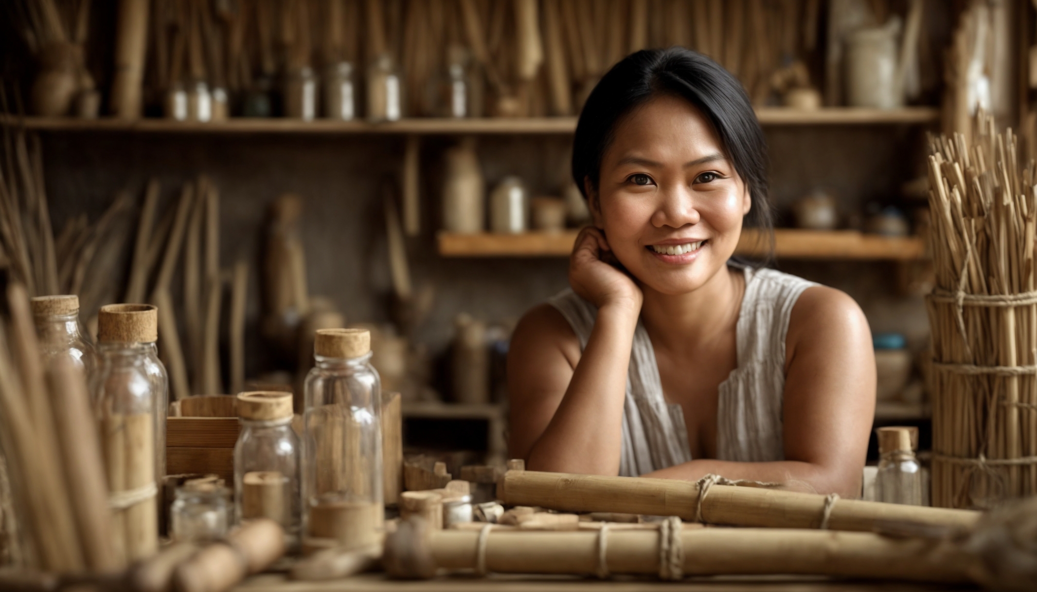 Wanita Indonesia sedang mengerjakan proyek tren DIY internasional dengan material bambu dan tali di meja kerja rumahan