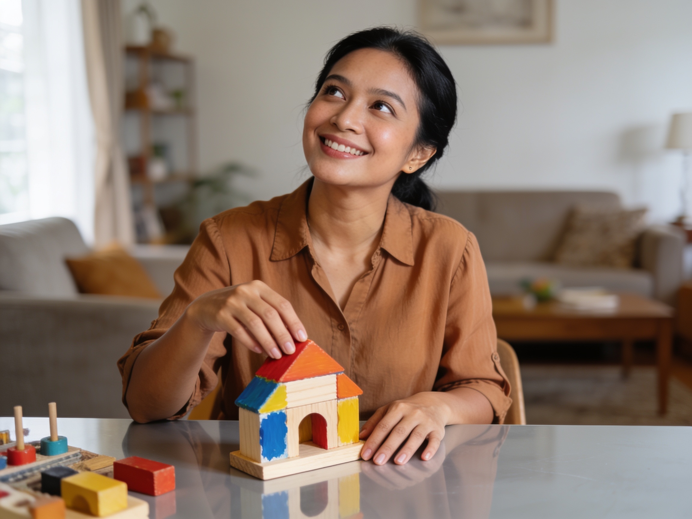 Ibu Indonesia memeriksa balok kayu buatan sendiri saat membuat mainan edukatif sendiri di rumah